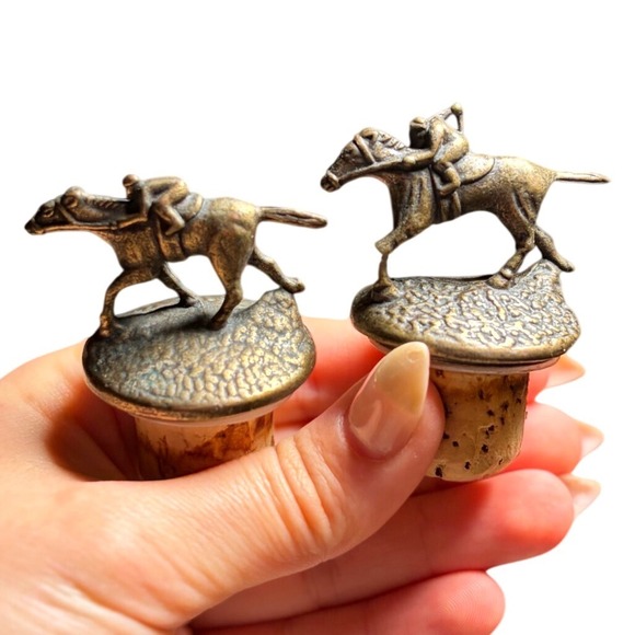 Other - Vintage Horse Racing Wine Bottle Stoppers Set of 2 Bronze Tone Jockey Equestrian